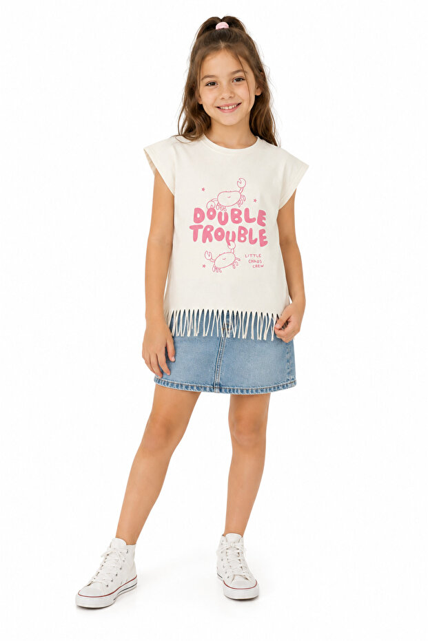 Girl's 100% Cotton Crab Printed T-Shirt with Tassels