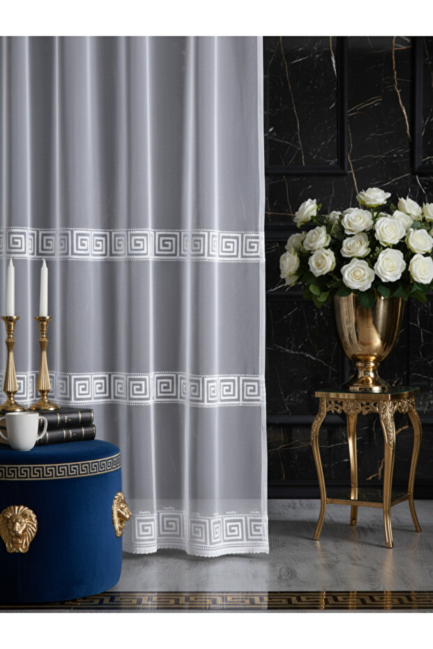 Tulle Curtain with Geometric Pattern, Non-Iron, 1E 2.5 Layers, Normal Pleats, Suitable for Living Room, Kitchen, Balcony and Rooms.