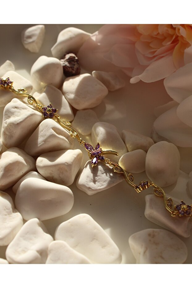 Gold Bracelet with Lilac Flower and Butterfly Figures