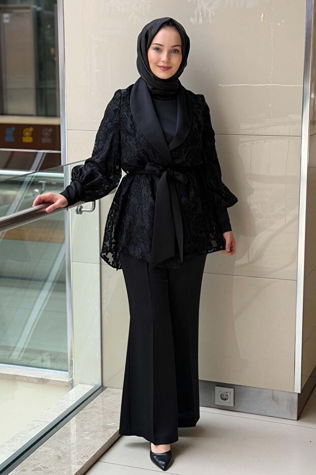 Wide Collar Burnt Fabric Combination Jacket, Underwear and Pants 3-Piece Set