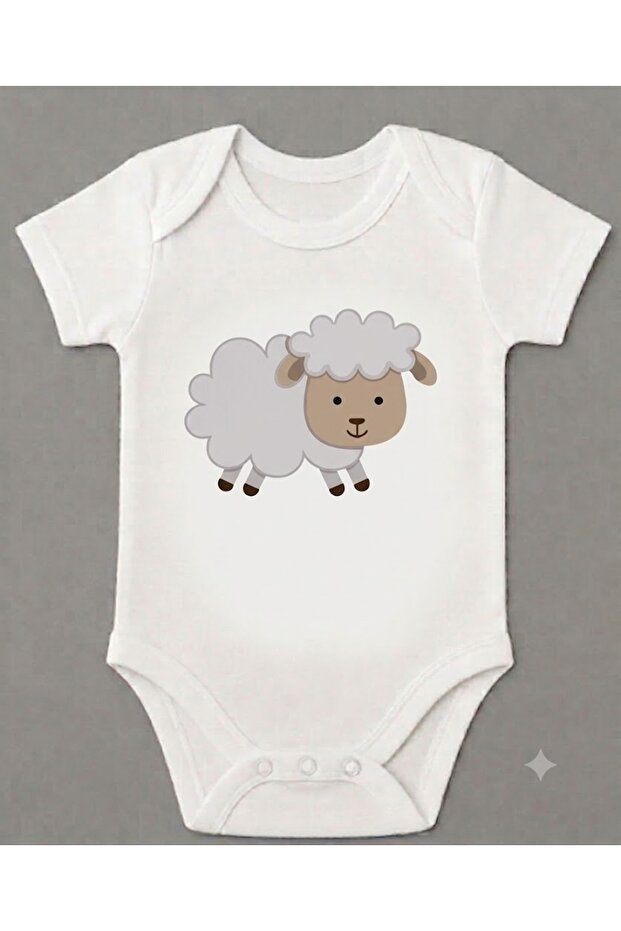 Organic 100% Cotton Lamb Printed Baby Bodysuit with Snap Fasteners Short Sleeve Bodysuit Jumpsuit 5156