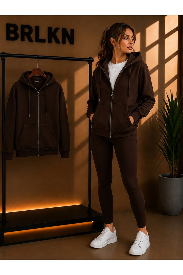 Women's Hooded Detail Zippered Cardigan 3-Layer Thick