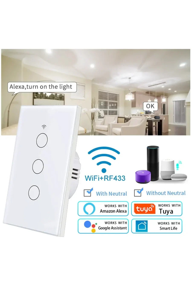 مفتاح إضاءة ذكي يعمل بتقنية واي فاي من نوع GGBEE RF433، متوافق مع معيار الولايات المتحدة، ويعمل مع أليكسا وجوجل هوم، ويعمل باللمس على الحائط.