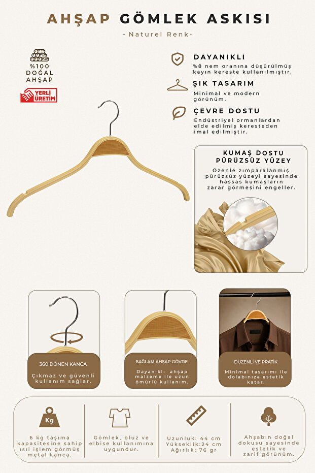 Wooden 8061-Ç Clothes, Blouses, Shirts Hanger Natural Color 6 Pieces