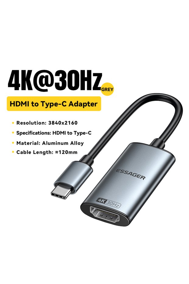 ESSAGER 4K 30Hz Grey 120mm Essager HDMI To USB Type C Adapter for iPhone MacBook Pro Air iPad Samsun