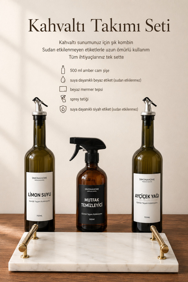 Breakfast Set Sunflower Bottle Lemon Bottle White Marble Tray Black Kitchen Cleaner Bottle