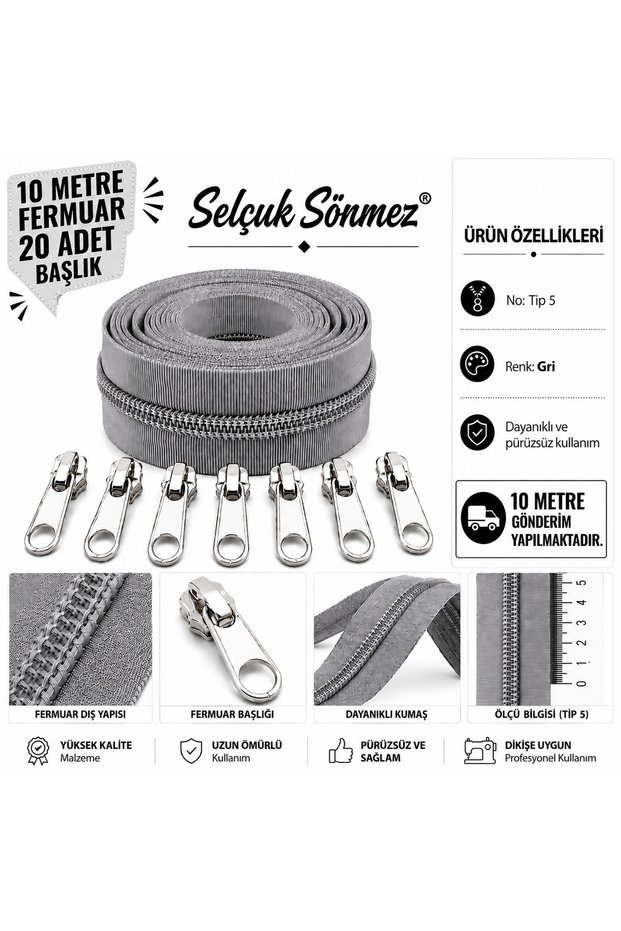 Gray 10 Meter Zipper 20 Heads