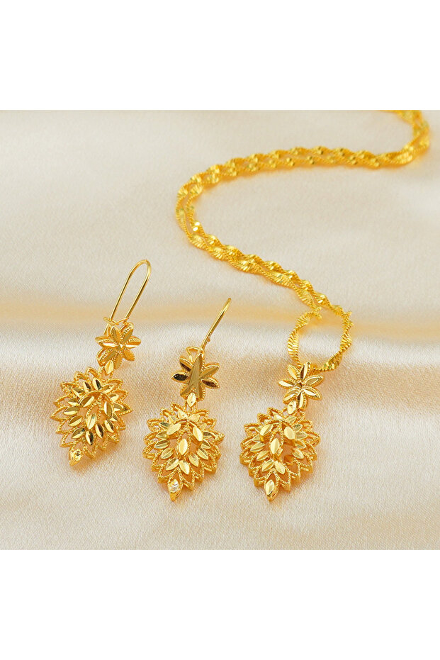 50cm Light Yellow Gold Color Middle Eastern Leaf Design Necklace Pendant Earrings Gift Set Jewelry E
