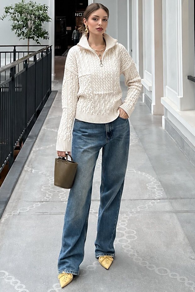 Ecru Stand Collar Zipper Detailed Knitted Sweater Mg2229