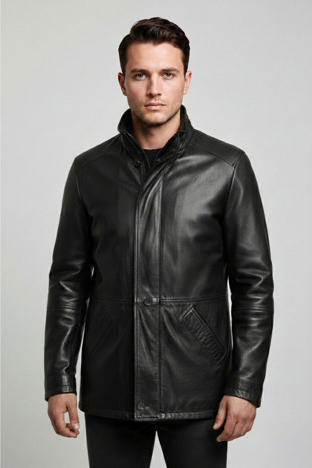 Men's Black Genuine Leather Button Coat