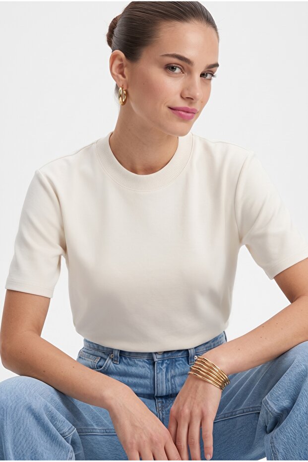 Women's Rise Decorative Collar Tok Texture 100% Cotton Light Beige T-Shirt