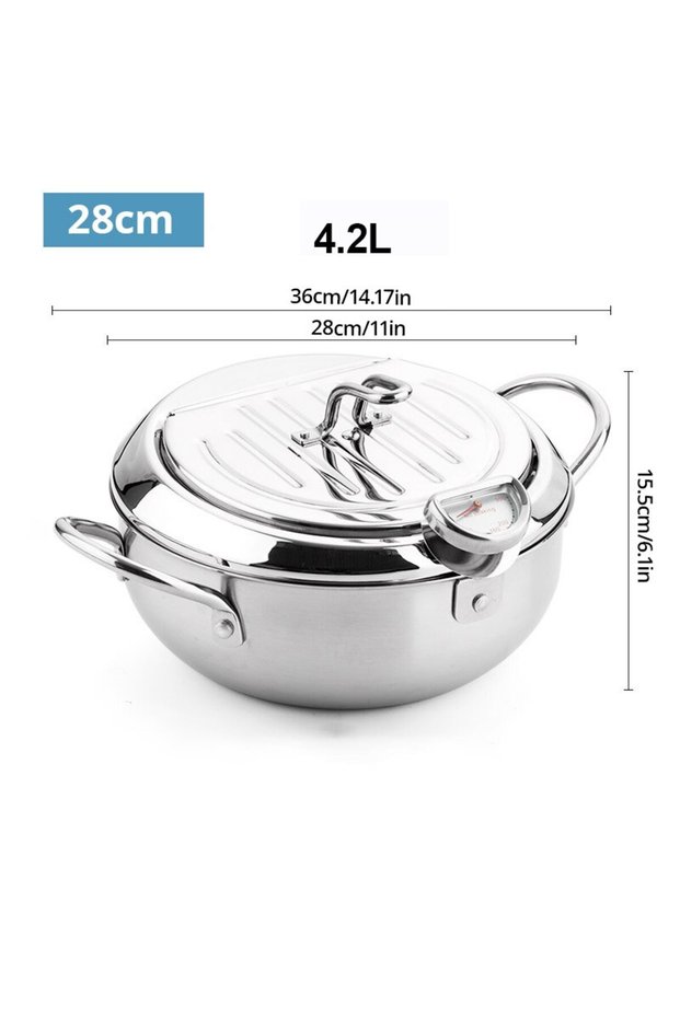 1pc 4.2L 1pc Stainless Steel Oil Pan Household Thermometer With Cover Tempura Oil Fryer Small Oil Sa