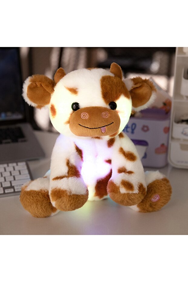 Brown 20cm LED Plush Cow Lighting Up Stuffed Animal Diary Cattle Floppy Night Lights Glow in The Dar