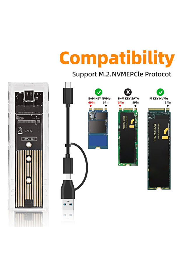 علبة E-Nvme-21 M.2 NVME PCIe NGFF SATA ثنائية البروتوكول لـ SSD، شفافة مع منفذ USB من النوع C بسرعة 10 جيجابت في الثانية، لنقل بيانات SSD M2