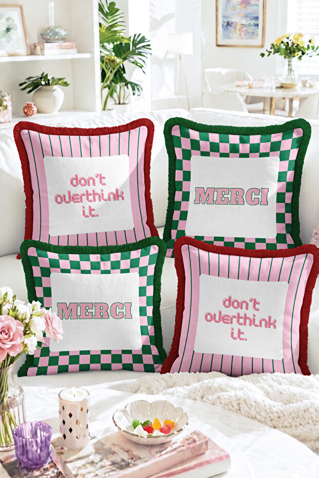 Merci and Don'T Overthink It Written Pink Green Plaid Striped 4-Piece Fringed-Tasseled Throw Pillow Cover Set