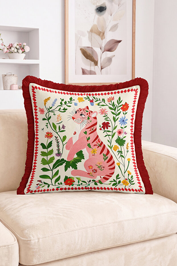 Pink Tiger Figured Fringed Throw Pillow Cover with Flower and Leaf Frame Modern Decorative Pillowcase