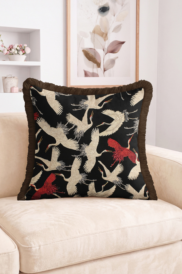Flying Crane Patterned Black Background with Red and Beige Detail Fringed-Tasseled Throw Pillow Cover