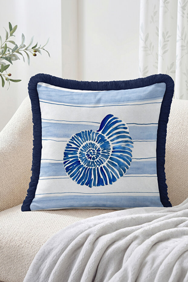 Striped Mediterranean Style Fringed-Tasseled Throw Pillow Cover with Sea Shell Figures Modern Decorative Pillowcase