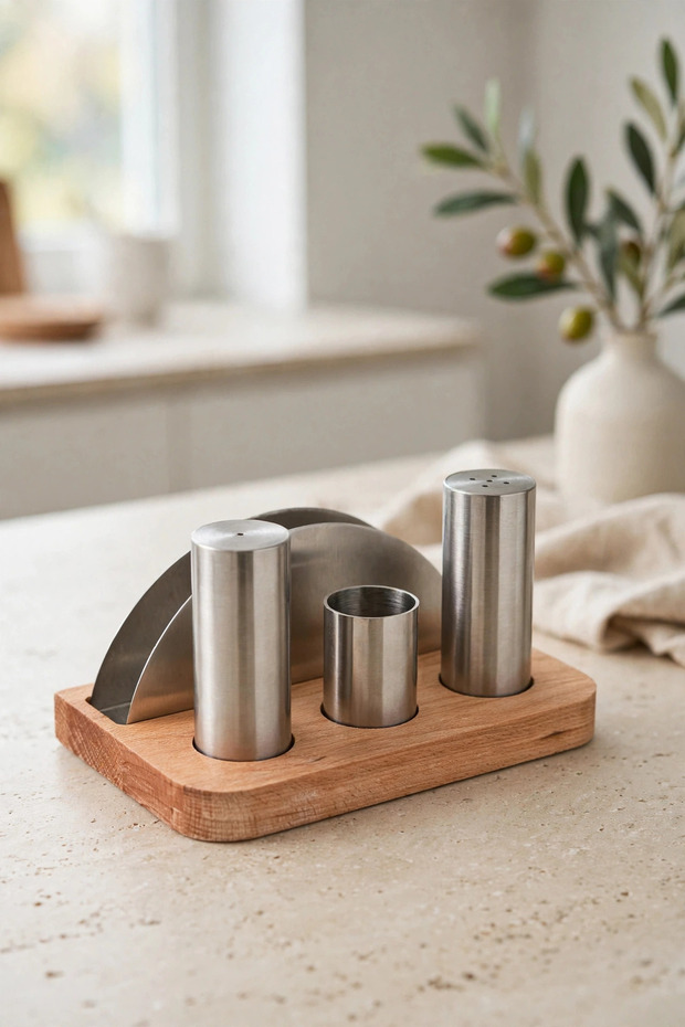 4 Compartment Wooden Napkin Holder Toothpick Holder Salt Shaker Spice Set Diner Restaurant Set 5 Piece Menage Set