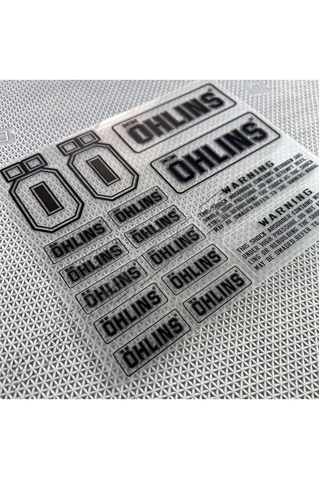 black Ohlins Suspension Shocker Damper Motorcycle Decals - Transparent Adhesive Stickers with Warnin