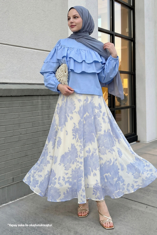 Baby Blue Set with Ruffle Blouse and Skirt