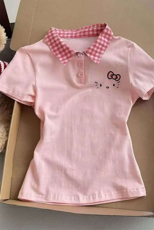 Plaid Polo Neck Hello Kitty Y2K Short Sleeve Crop