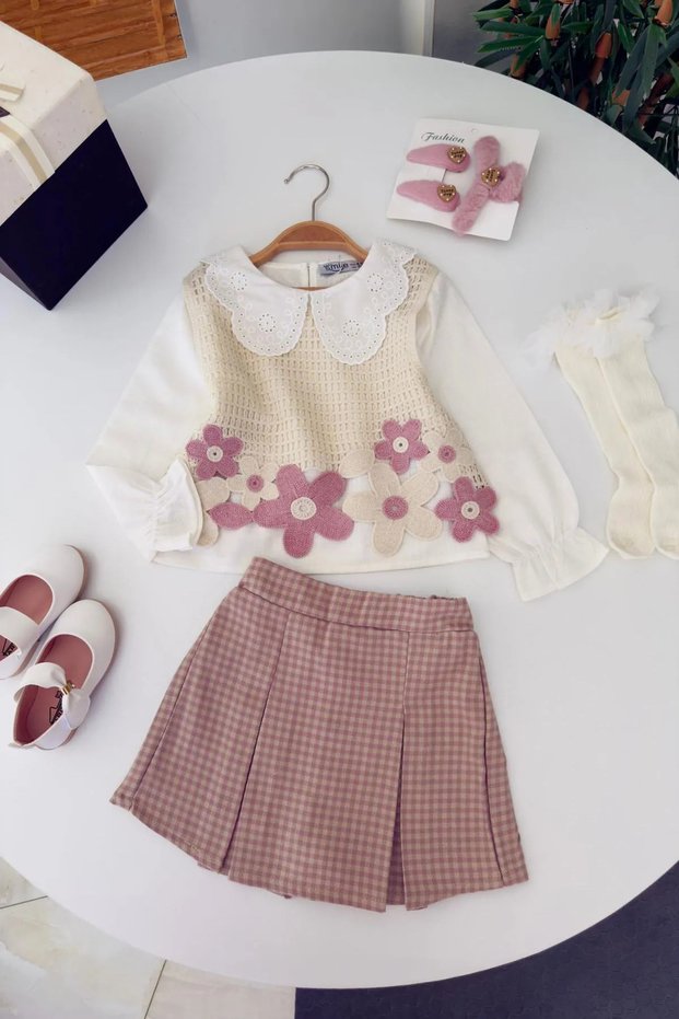 My Little One's Daisy Detailed Sweater Set for Girls - Pink