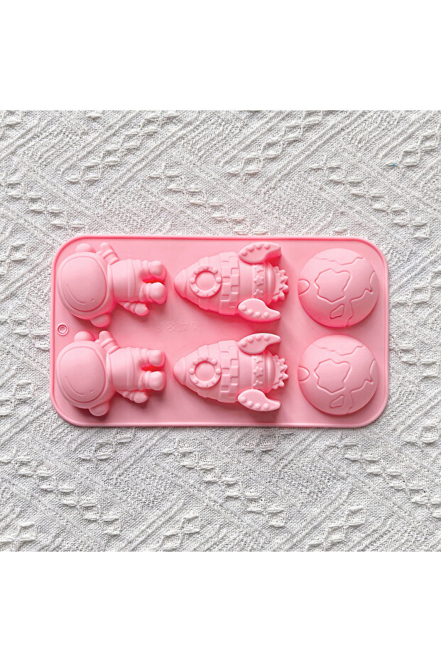 قالب كيك سيليكون 011pink بتصميم فضاء إبداعي، قالب ثلاثي الأبعاد بـ 6 تجاويف على شكل رائد فضاء وصاروخ وكرة أرضية للشوكولاتة