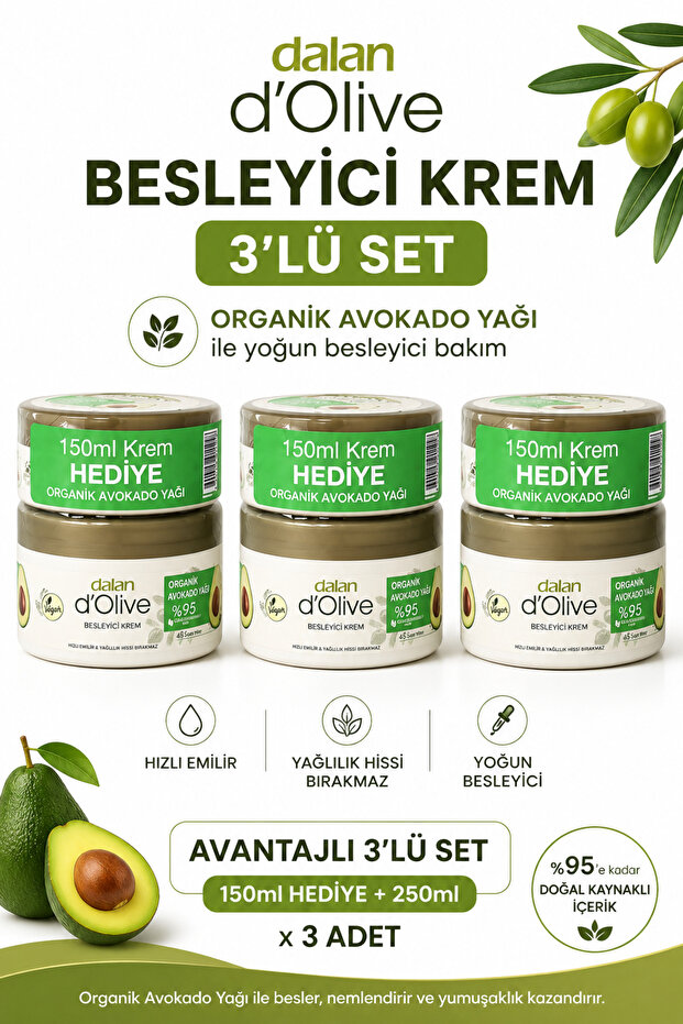 D'Olive Nourishing Organic Avocado Oil Cream 250 ml + 150 ml Gift 3 Pieces
