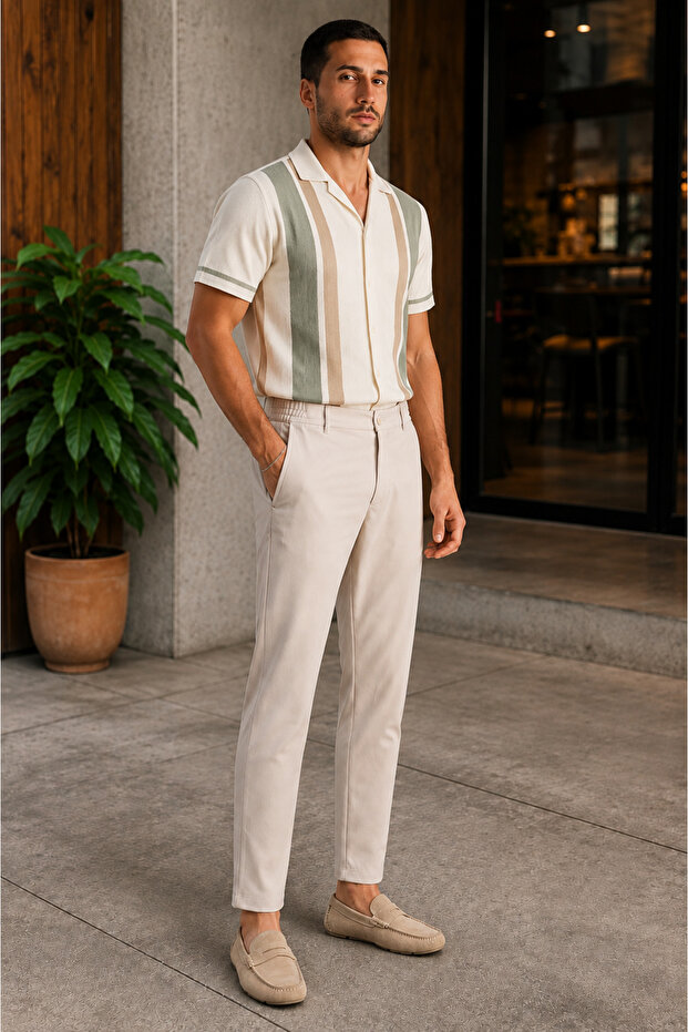 Slim Fit Chino Crop Trousers with Half Elastic Waist Beige