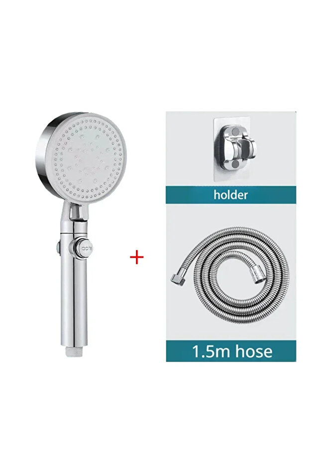 Silver 3PCS SET Five-Mode High-Pressure Shower Head, Adjustable Shower Head with Hose, Water-Saving,