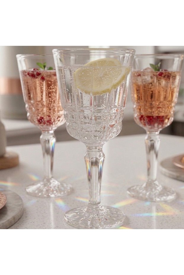 Set of 6 Cliom Cut Glass Footed Coffee, Water and Soda Glasses - Luxury Soft Drink Glasses