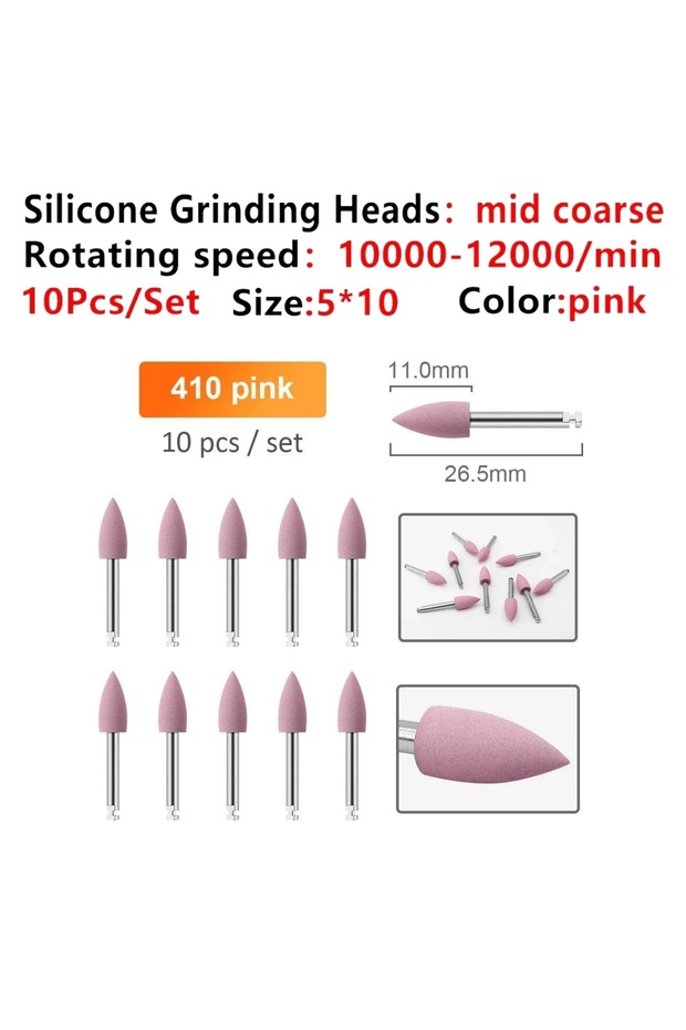 10pcs 410 Pink 10pcs/bag Dental Silicone Grinding Heads Polishing Burs Kit for Low Speed Contra Angl