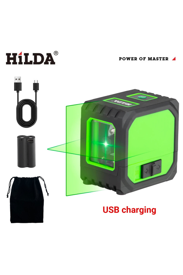 جهاز تسوية ليزر أخضر بخطين من هيلدا ZYOZ094، ذاتي التسوية، صغير الحجم، مزود بشحن USB.