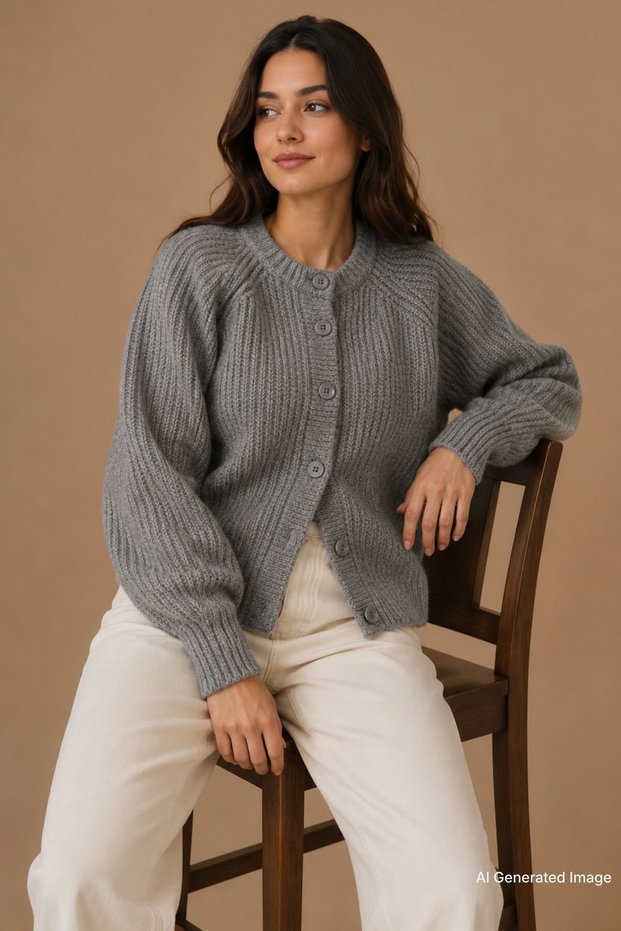 Anthracite Crew Neck Thessaloniki Knitted Buttoned Women's Cardigan Mg2487