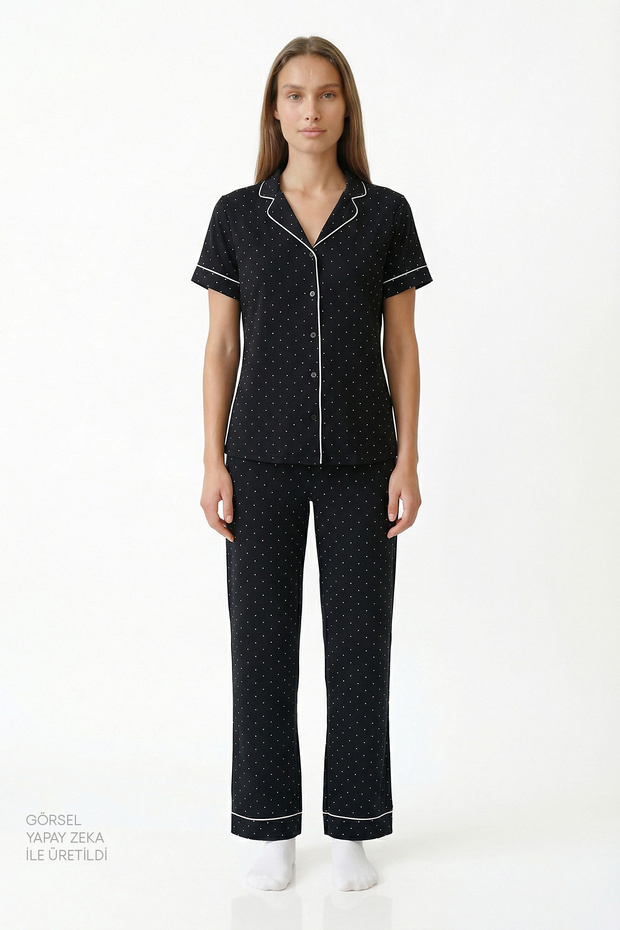 Black Polka Dot Cotton Piece Shirt Pants Pajama Set