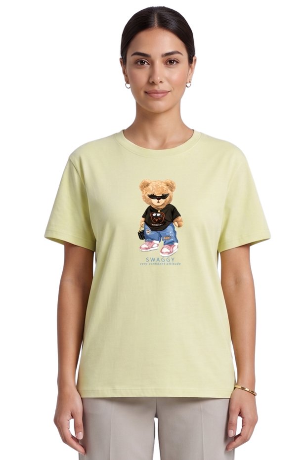 Women's Swaggy Teddy Bear Printed Crew Neck Cotton T-Shirt