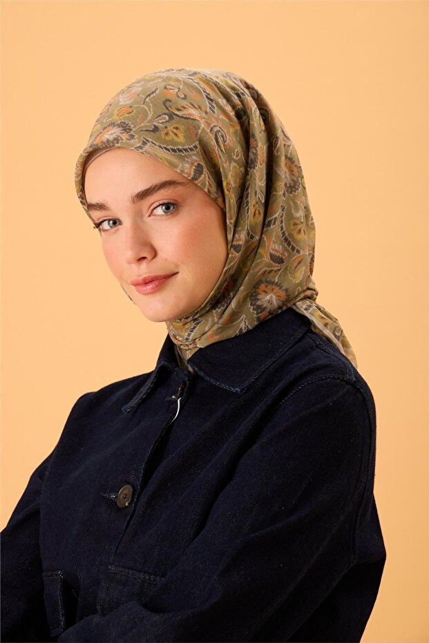 Thin Cotton Soft Scarf Green-Orange Patterned Non-Slip Textured Tok Duruşlu 90X90