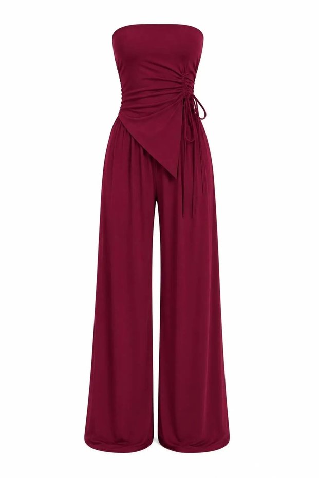 Tokaris Tekstil Women Black Color Strapless Shirring Blouse Loose Casual Pants Double Suit