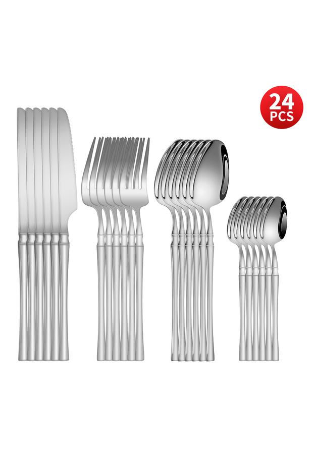 24pcs-Silver 4/6/16/24pcs Silver Stainless Steel Cutlery Steak Knife and Fork Dessert Spoon Spoon an