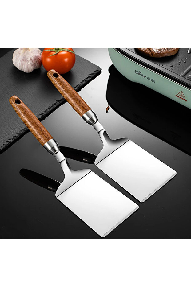 2pcs Stainless Steel Square Head Steak Cooking Spatula Pizza Shovel Pancake Beef Turner Scraper Wood