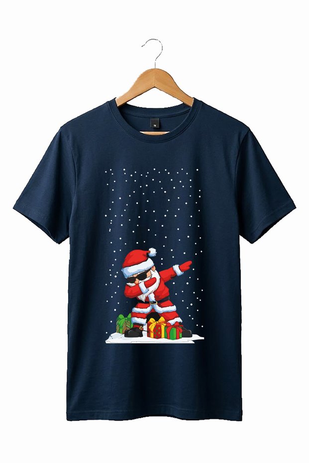 Christmas Santa Claus Cool Design Printed 100% Cotton Premium Navy Blue T-Shirt