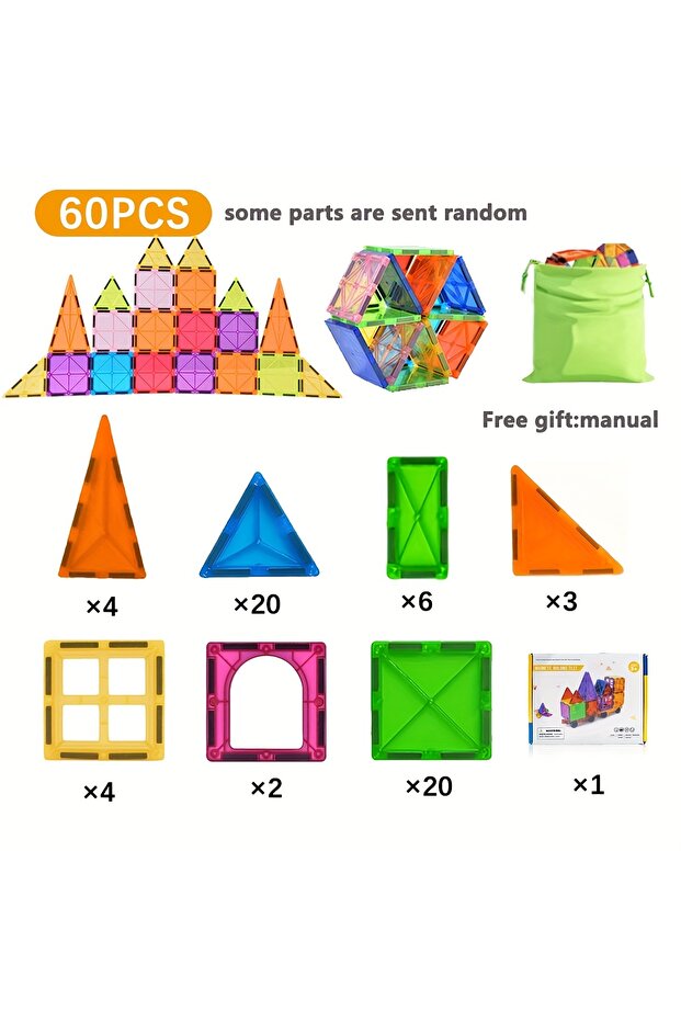 60 pieces Magnetic sheet toy, magnetic building block assembly 3D children's architect toy, suitable