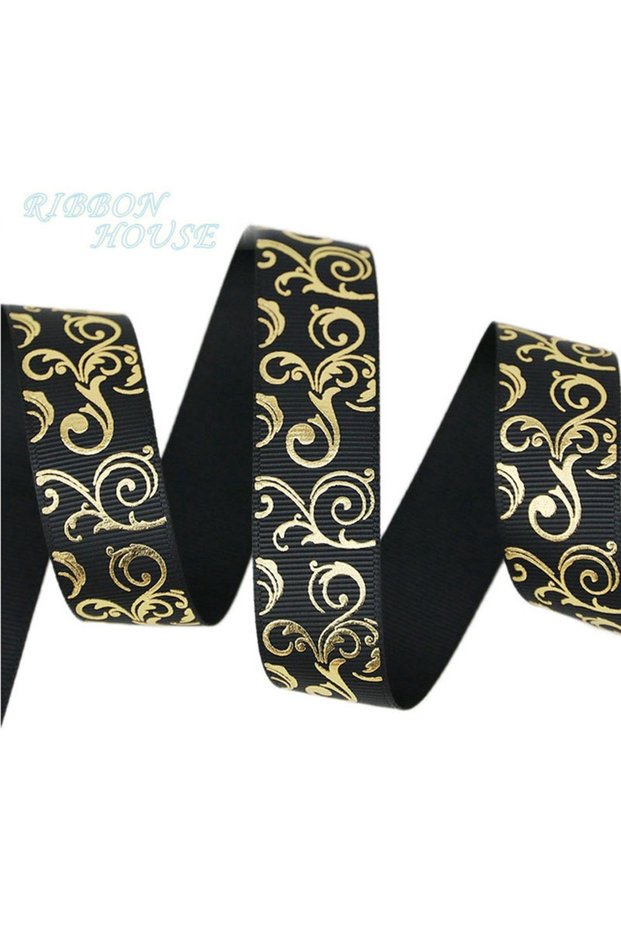 25mm black (10 Yards/lot) 2.5CM Black Gold Foil Hot Stamping Grosgrain Ribbon Gift Wedding Ribbons R