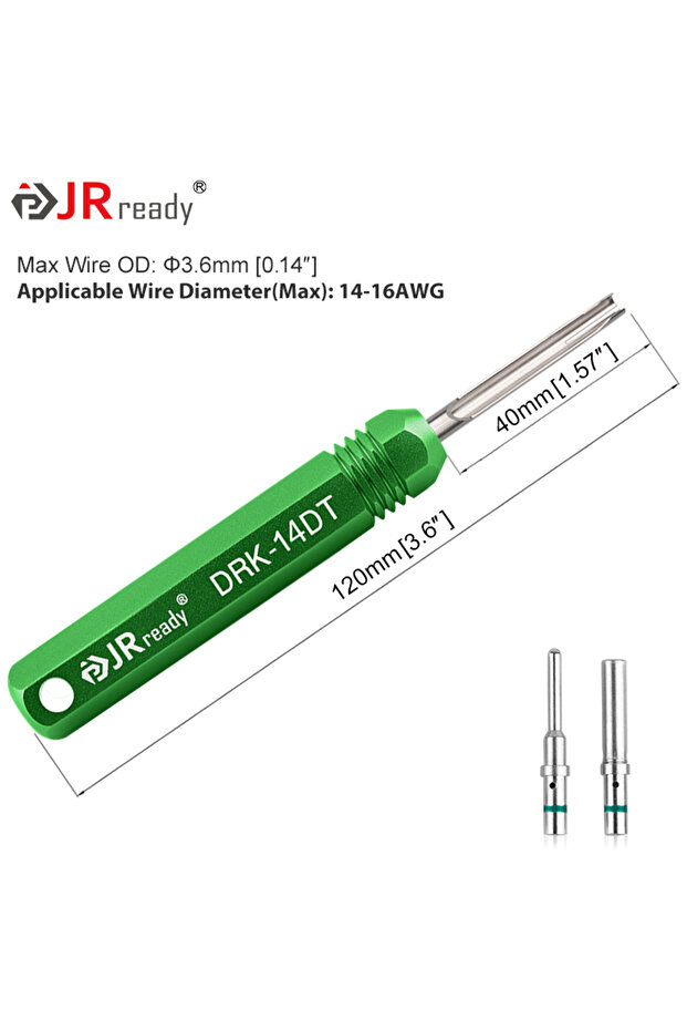 أداة استخراج دبابيس التوصيل DRK-14DT JRready لأجهزة Deuts، وهي أداة لإزالة أطراف التوصيل ذات الموصلات الصلبة/المختومة.