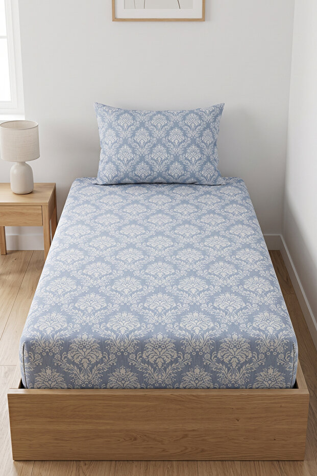 Basic Ranforce Single Elastic Sheet Set 100X200 20 cm Blue Damask