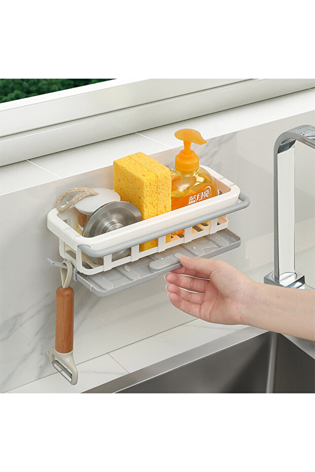 WHITE Kitchen Sponge Sink Holder Punch-free Dish Drain Rack Storage Shelf Bathroom Shelves Hanging R