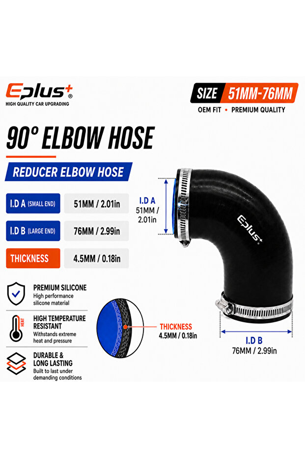 51MM-76MM Black Silicone Tubing 90 Degrees Reducer Hose Coupler Universal Car Intake Intercooler Tur