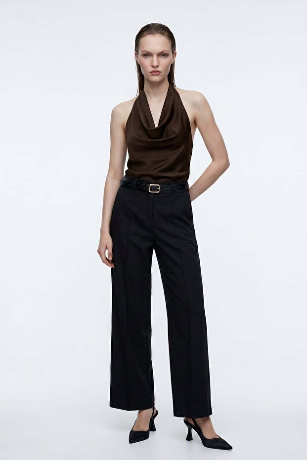 Slim Belt Draped Fabric Trousers