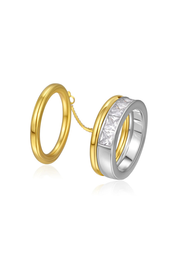 US8 T532 Fashion CZ Zircon Stainless Steel Double Layer Chain Ring for Women Gold Plated Tassel Link